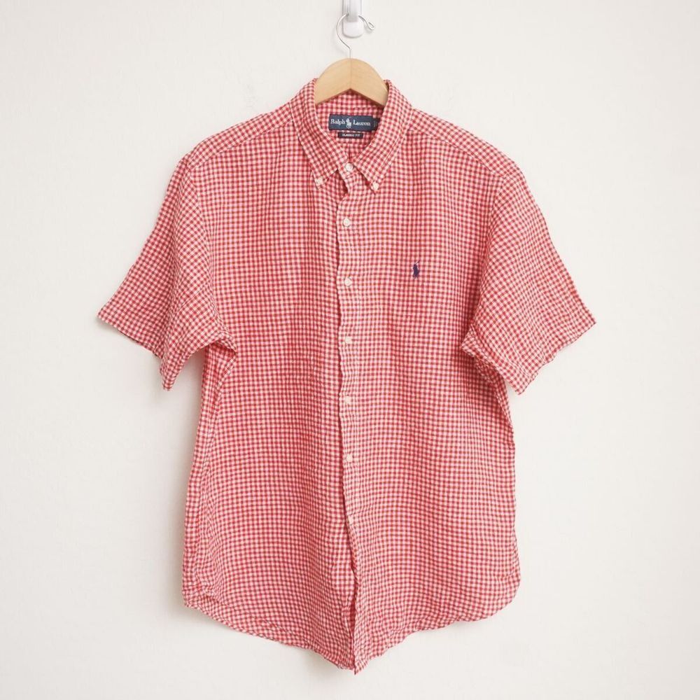 Ralph Lauren Mens Shirt Button Up Short Sleeve Red Plaid Check Linen Classic